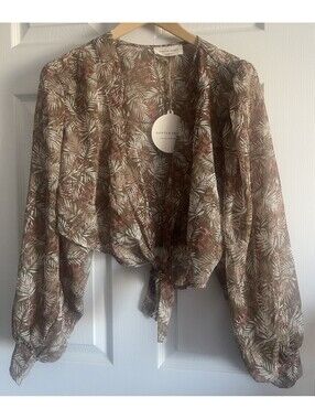 NWT Saints and Hearts Tie Front Top S Cardigan Shrug Neutral Brown Green Sheer